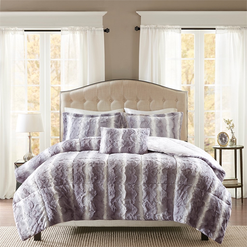 madison park zuri 4pc faux fur comforter set in grey king