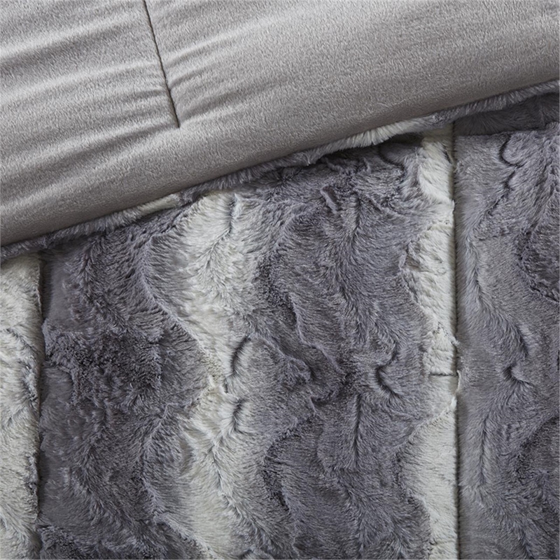Madison Park Zuri 4PC Faux Fur Comforter Set in Grey King