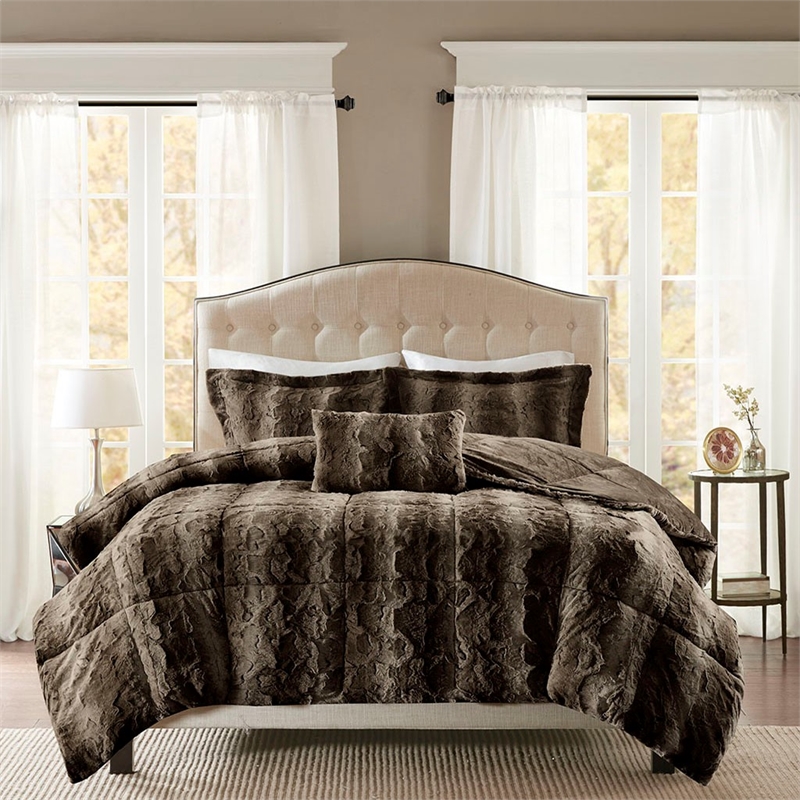 Madison Park Zuri 4PC Faux Fur Comforter Set in Brown Full/Queen