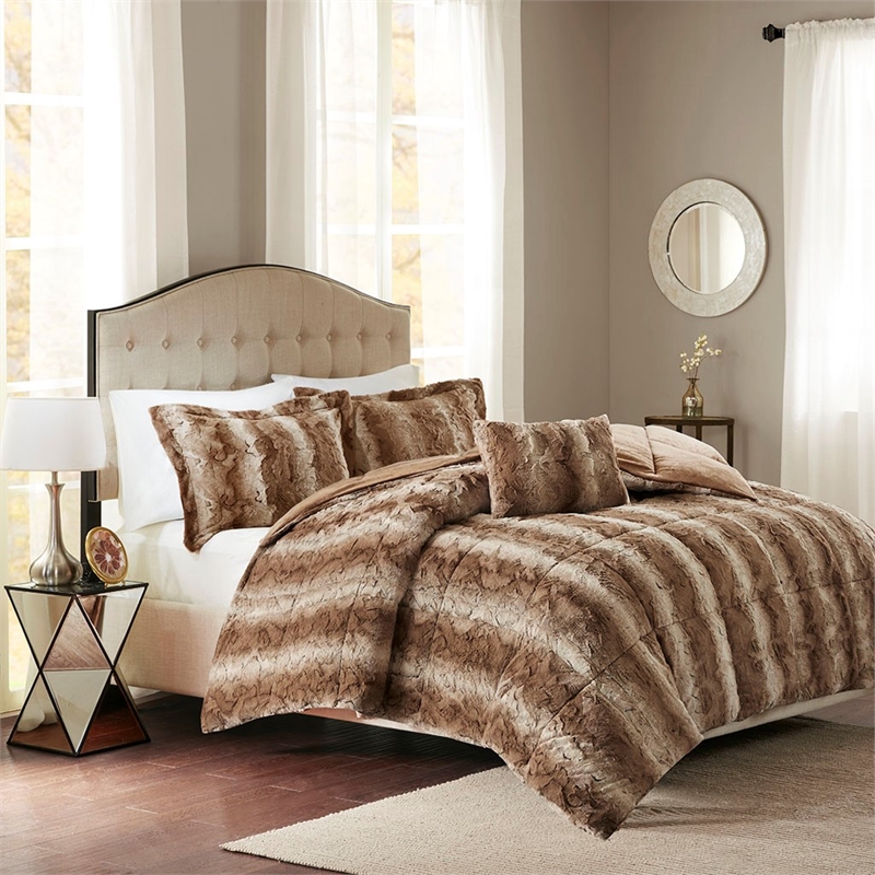 madison park zuri 4pc faux fur comforter set in tan full/queen