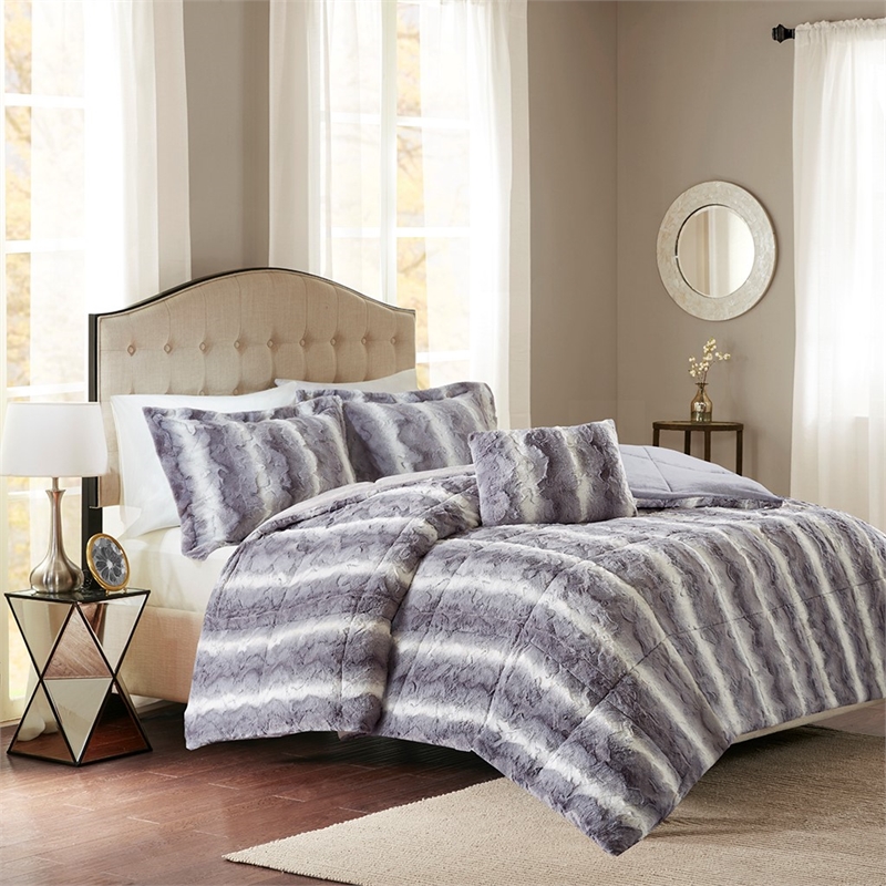 madison park zuri 4pc faux fur comforter set in grey full/queen