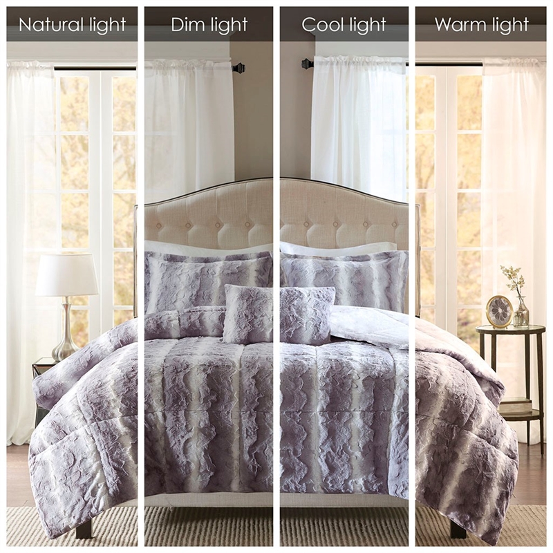 madison park zuri 4pc faux fur comforter set in grey full/queen