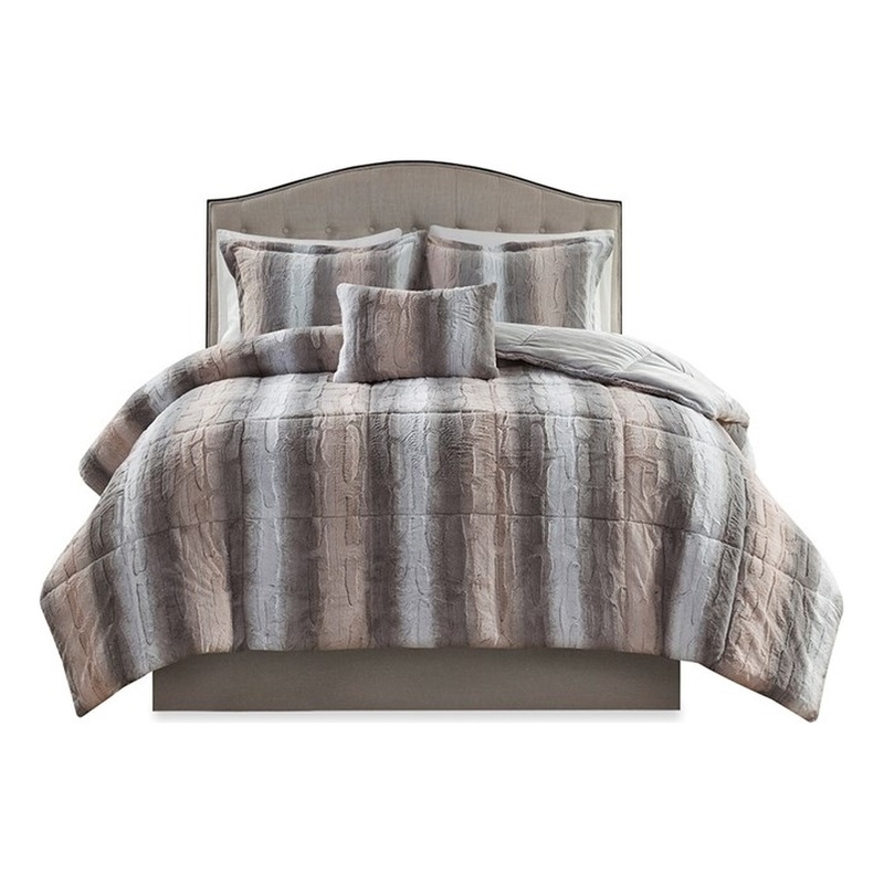 Madison Park Zuri 4PC Faux Fur Comforter Set in Blush/Grey King