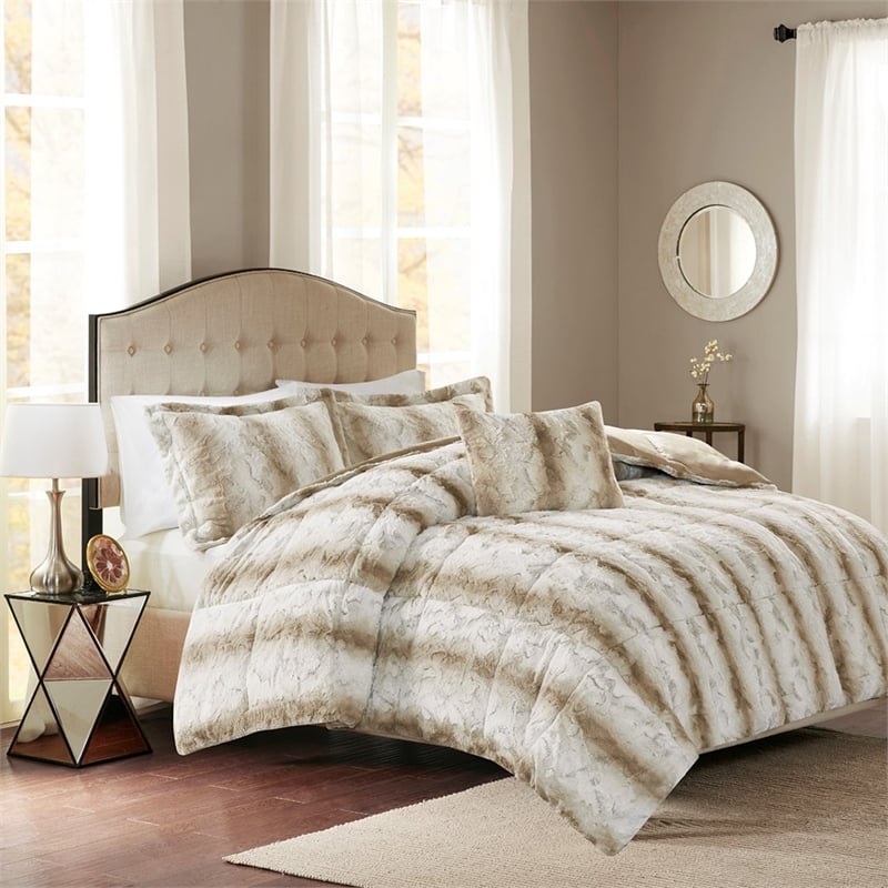 Madison Park Zuri 4PC Faux Fur Comforter Set in Sand King