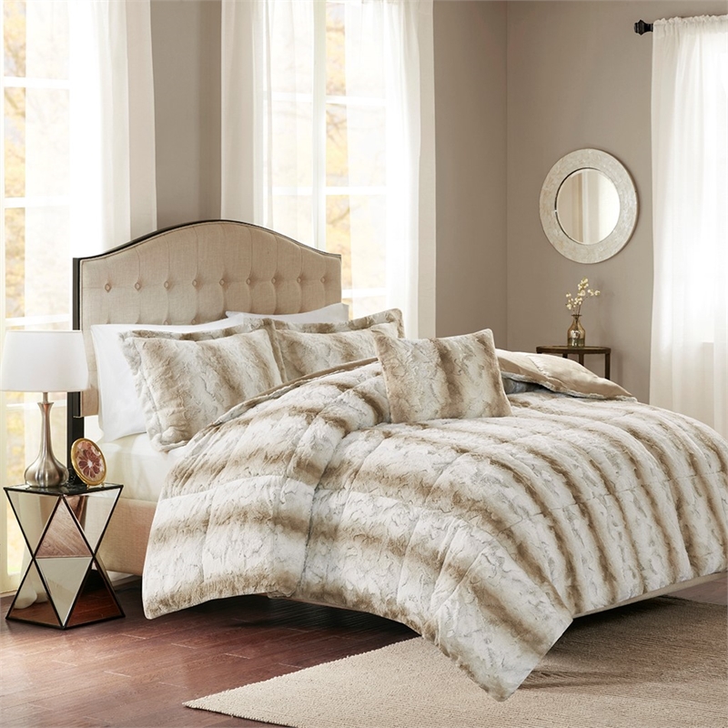 Madison Park Zuri 4PC Faux Fur Comforter Set in Sand Full/Queen