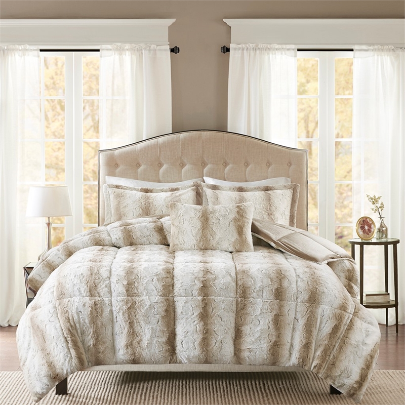 Madison Park Zuri 4PC Faux Fur Comforter Set in Sand Full/Queen
