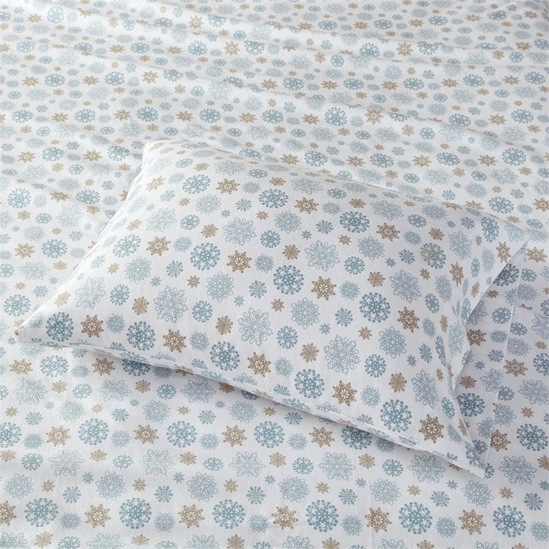 True North by Sleep Cozy Flannel Sheet Set in Tan/Blue Snowflakes King