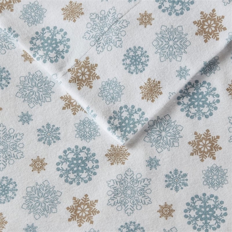True North by Sleep Cozy Flannel Sheet Set in Tan/Blue Snowflakes King