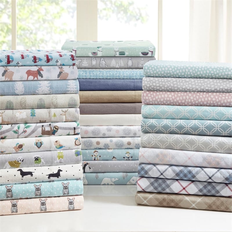 True North by Sleep Cozy Flannel Sheet Set in Tan/Blue Snowflakes King
