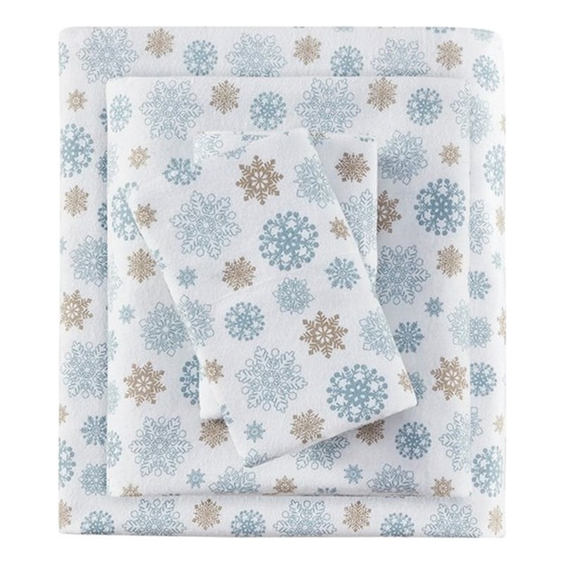 True North by Sleep Cozy Flannel Sheet Set in Tan/Blue Snowflakes King