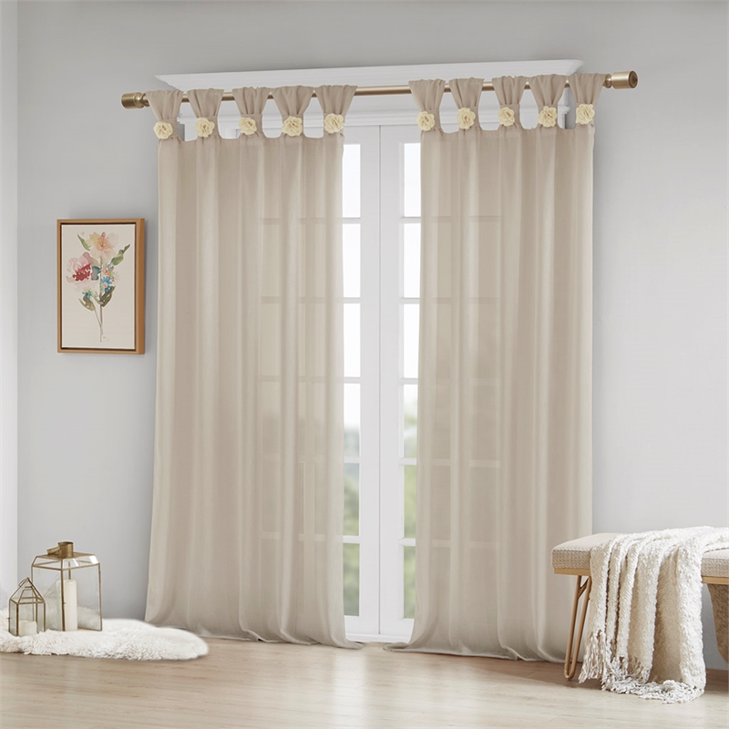 Madison Park Rosette Floral Embellished Cuff Tab Top Window Panel in Linen Beige