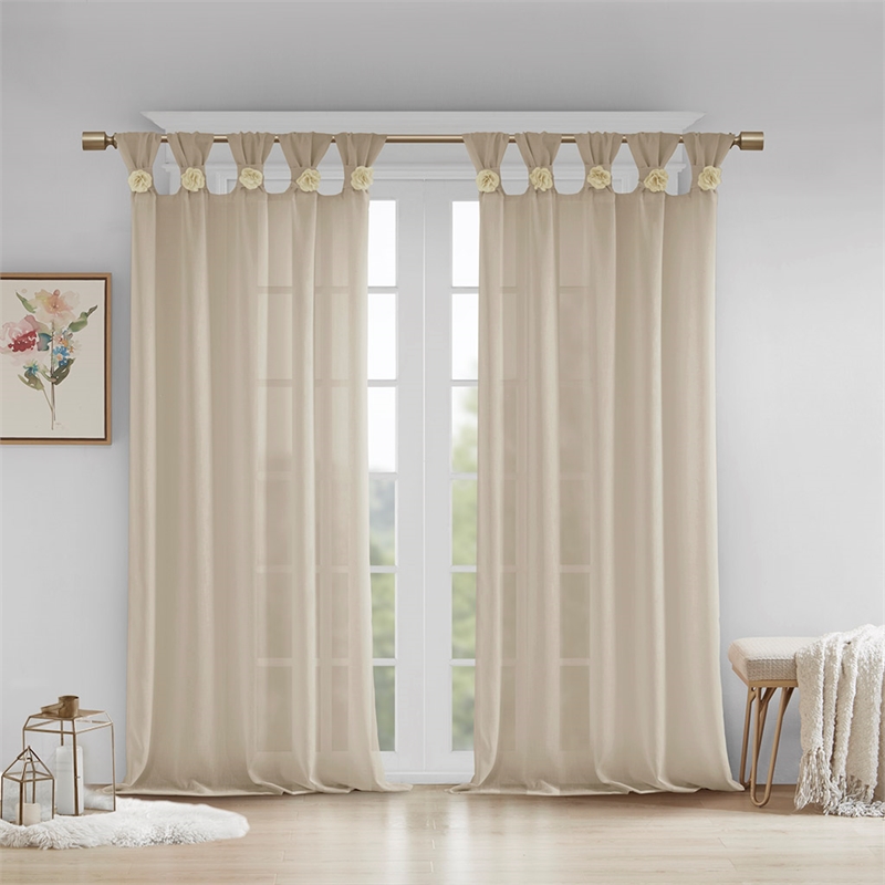 Madison Park Rosette Floral Embellished Cuff Tab Top Window Panel in Linen Beige