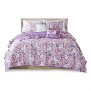 Urban Habitat Lola Unicorn Cotton Quilt Set with Throw Pillows in Pink
