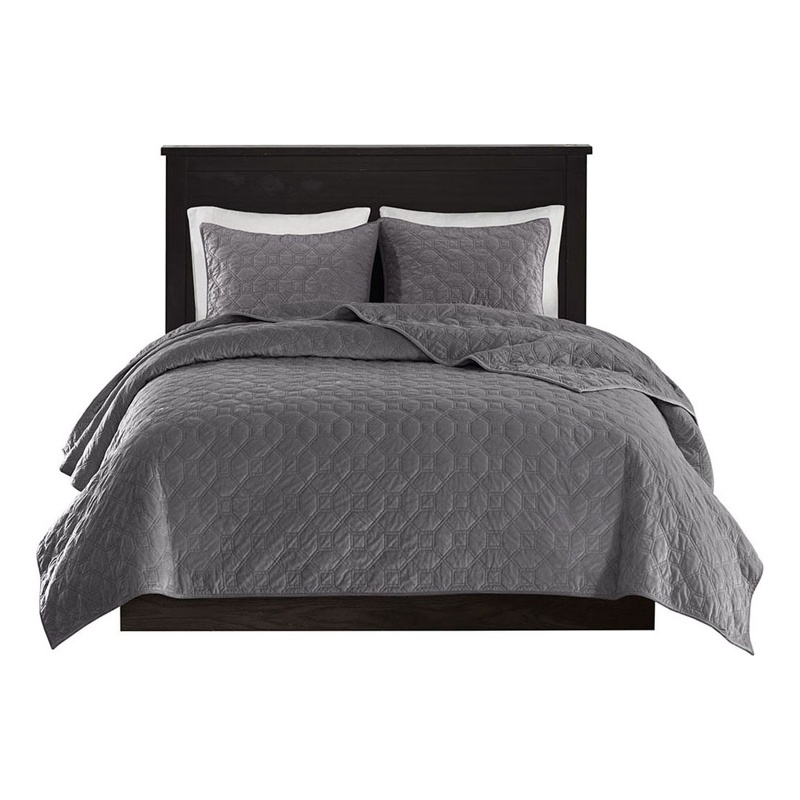 Madison Park Harper 3-Piece Modern Velvet Fabric Quilt Set in Gray