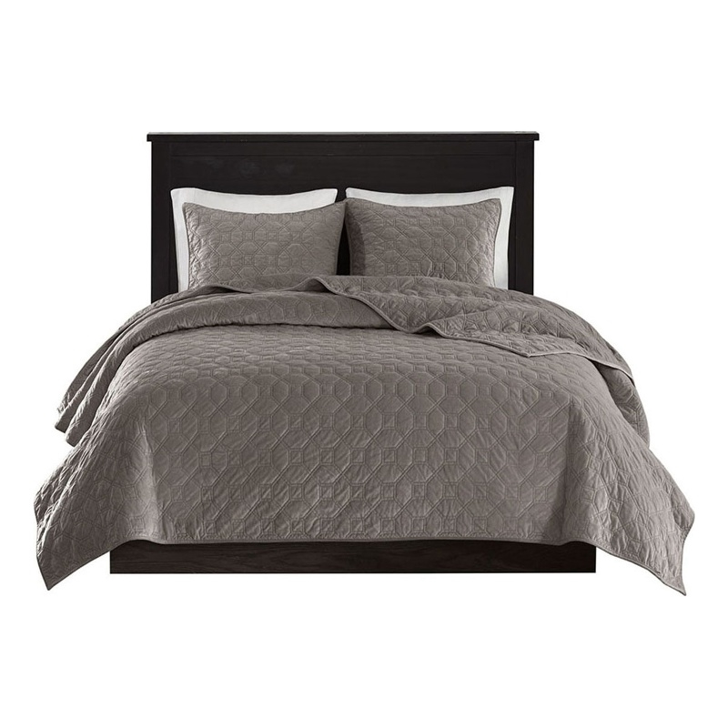 Madison Park Harper 3-Piece Modern Velvet Fabric Quilt Set in Taupe
