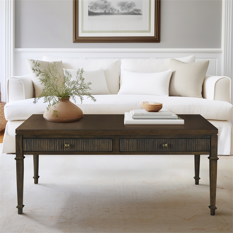 Olliix Kenna Fluted Solid Wood Coffee Table with 2 Drawers in Coffee