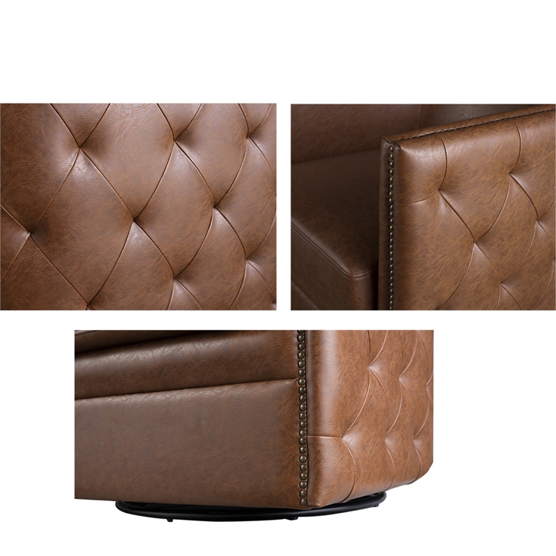 Olliix Capstone Faux Leather Tufted Barrel Swivel Chair in Brown