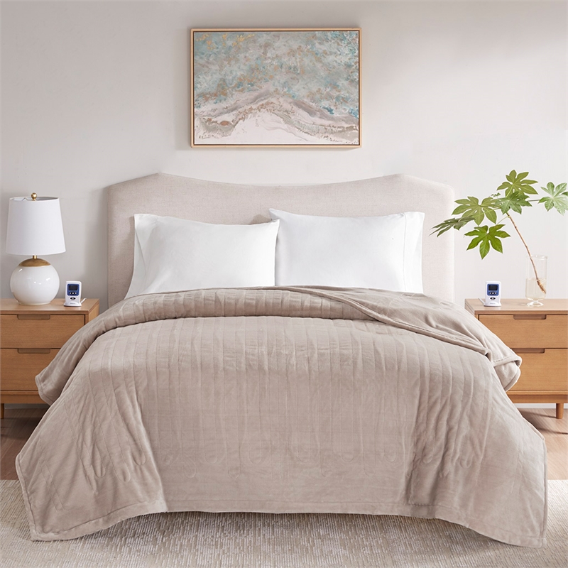 Beautyrest Contemporary Plush Fabric Queen Heated Blanket with WIFI in Taupe