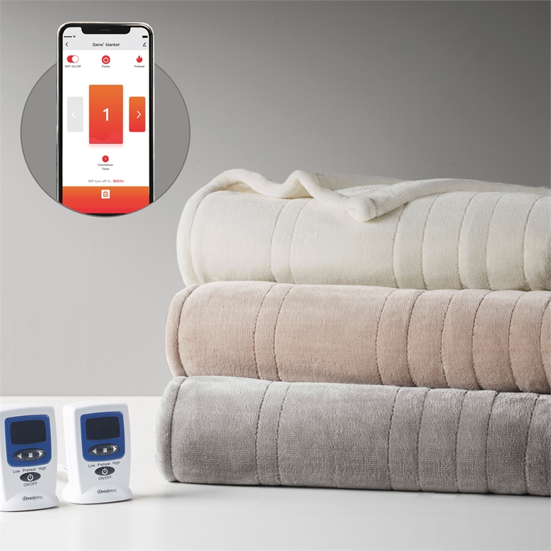 Beautyrest Contemporary Plush Fabric King Heated Blanket with WIFI in Gray