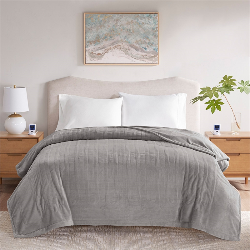 Beautyrest Contemporary Plush Fabric Queen Heated Blanket with WIFI in Gray