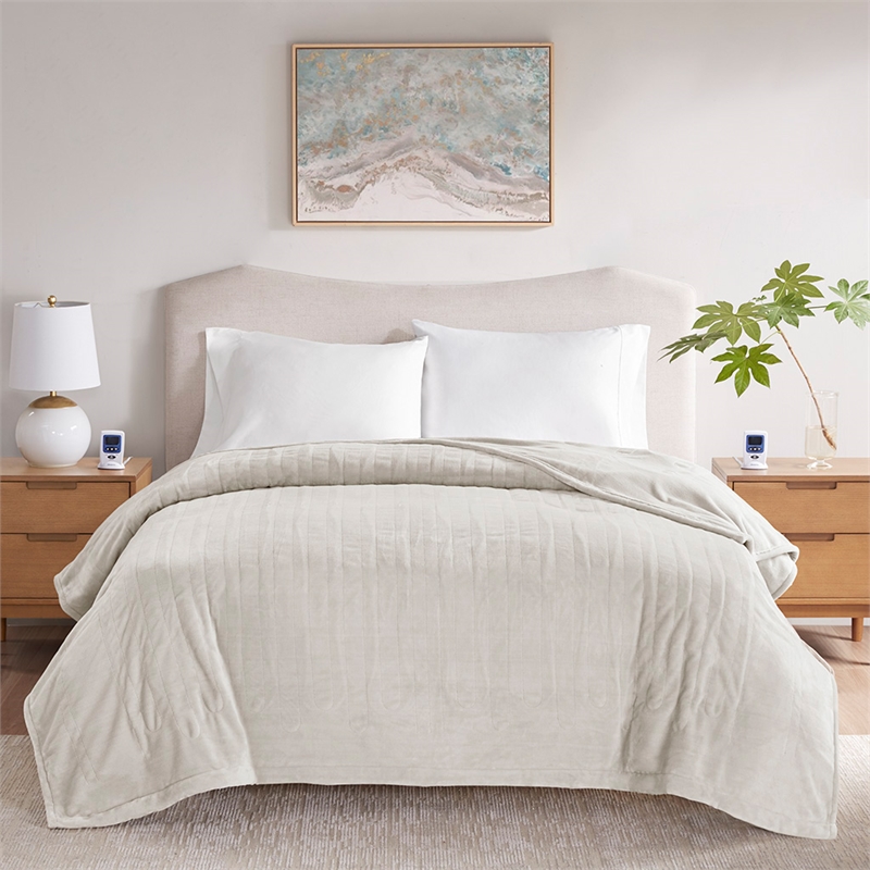 Beautyrest Contemporary Plush Fabric Queen Heated Blanket with WIFI in Ivory