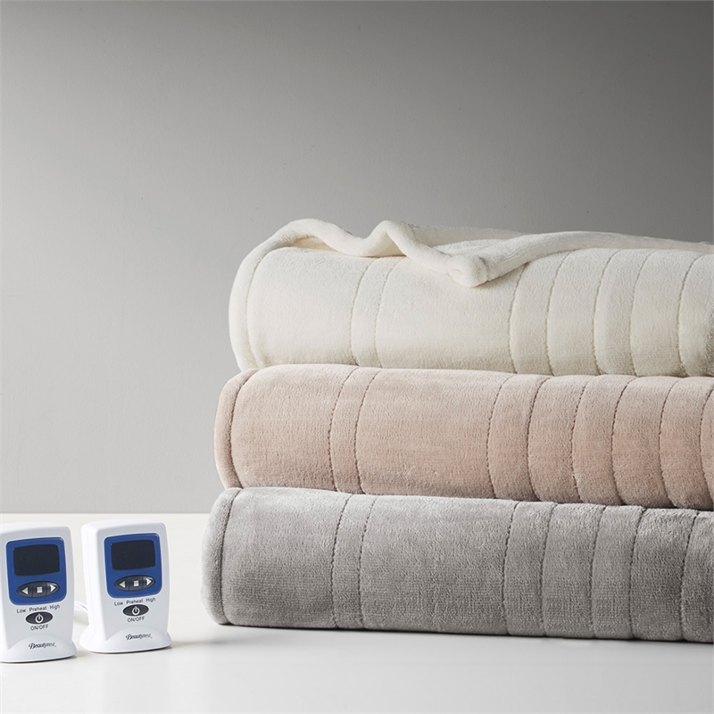 Beautyrest Contemporary Plush Fabric Queen Heated Blanket with WIFI in Ivory
