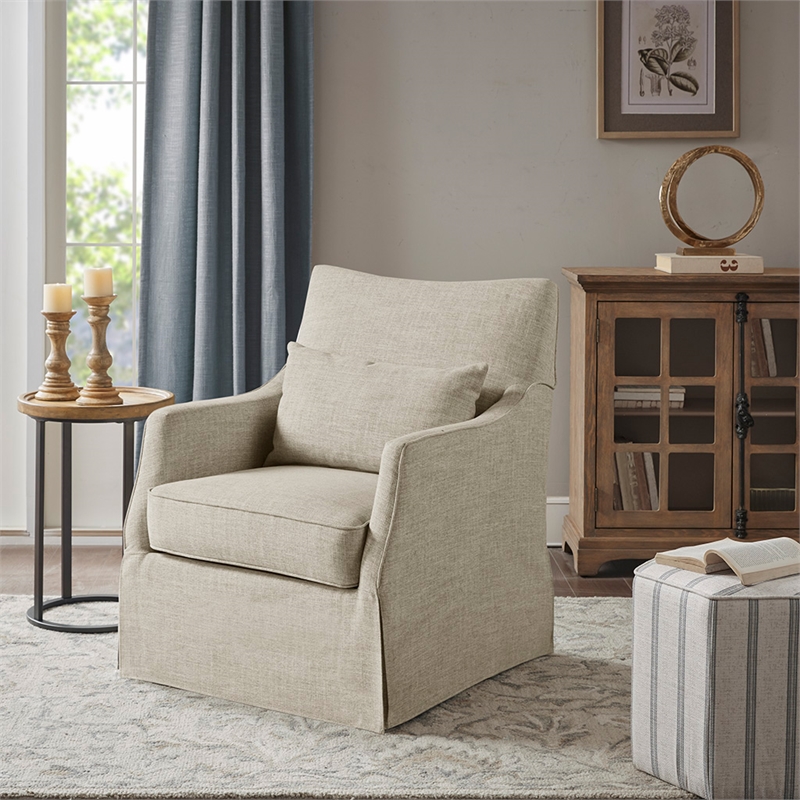 Martha Stewart London Farmhouse Fabric Upholstered Skirted Swivel Chair in Beige
