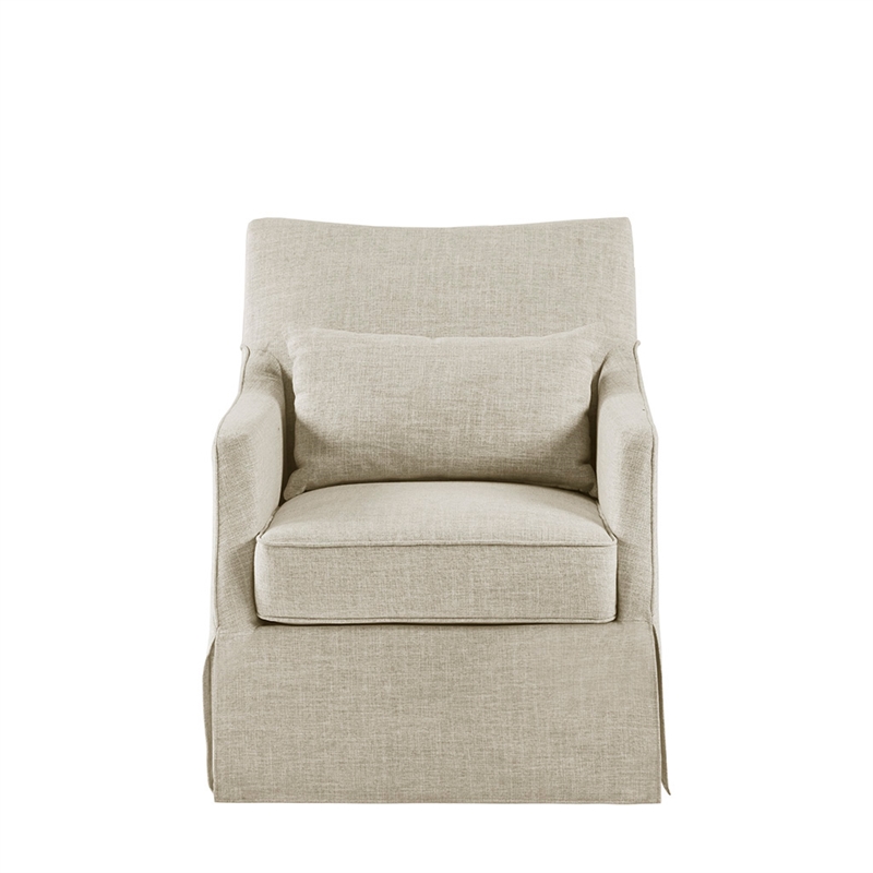 Martha Stewart London Farmhouse Fabric Upholstered Skirted Swivel Chair in Beige