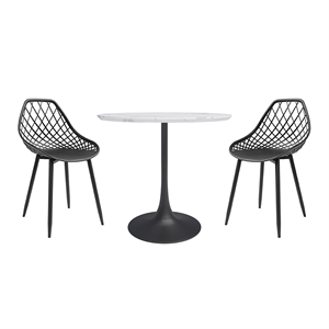 Kurv 3 Piece Cafe Dining Set Faux White Marble and Black