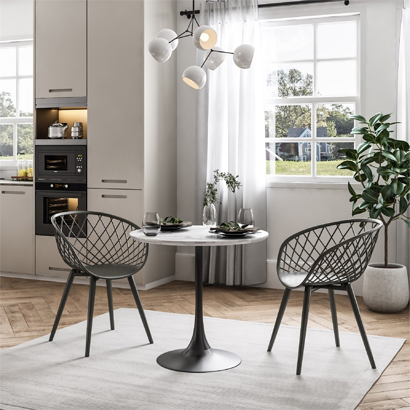Jamesdar Kurv 3-Piece Lux Dining Set in White Faux Marble and Black