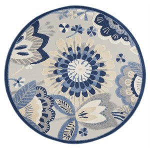 Nourison Aloha 48x48&quot Round Fabric Oversized Floral Area Rug in Blue