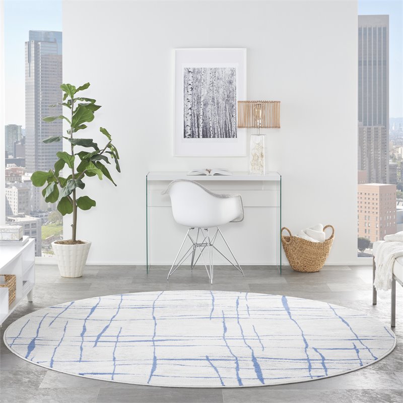 nourison whimsicle 96x96&quot round fabric abstract linear area rug in ivory