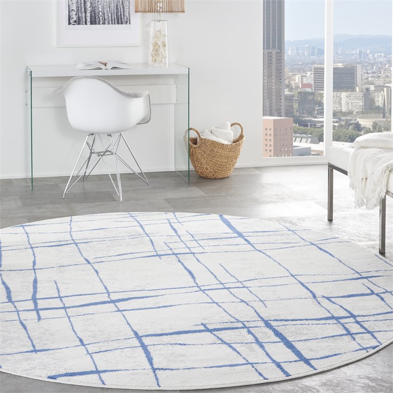 nourison whimsicle 96x96&quot round fabric abstract linear area rug in ivory