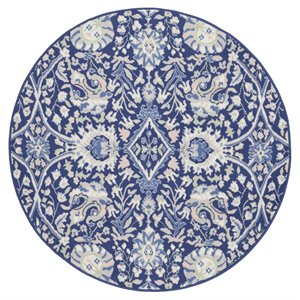 Nourison Whimsicle 60x60&quot Round Fabric Floral Motif Area Rug in Navy