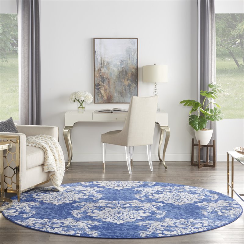 nourison whimsicle 96x96&quot round fabric damask pattern area rug in navy