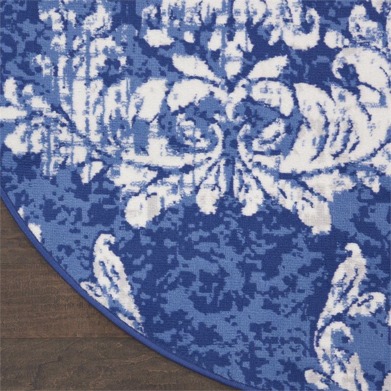nourison whimsicle 96x96&quot round fabric damask pattern area rug in navy