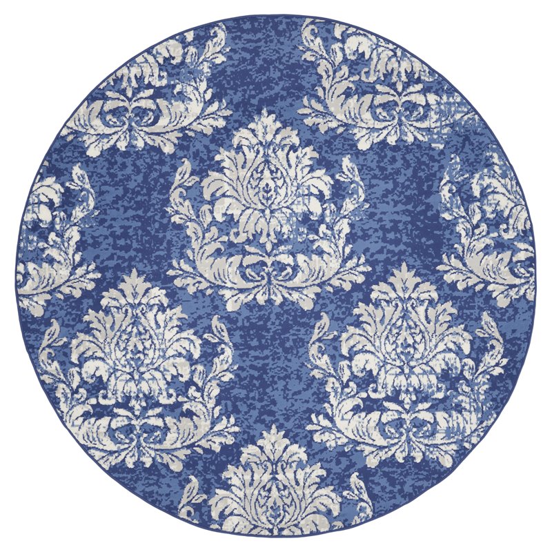 Nourison Whimsicle 96x96&quot Round Fabric Damask Pattern Area Rug in Navy