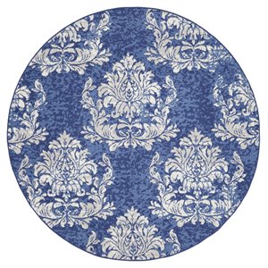 Nourison Whimsicle 96x96&quot Round Fabric Damask Pattern Area Rug in Navy