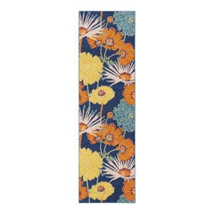 Nourison Allur 27x90&quot Runner Contemporary Fabric Floral Area Rug in Navy/Orange