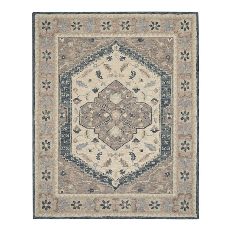 Nourison Bahari 8' x 10' Rectangle Traditional Wool Area Rug in Gray/Ivory