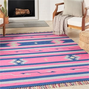 Nourison Baja 60x84&quot Rectangle Transitional Fabric Area Rug in Pink/Navy Blue