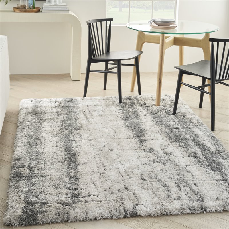 nourison luxurious shag 48x72&quot rectangle fabric area rug in ivory/charcoal