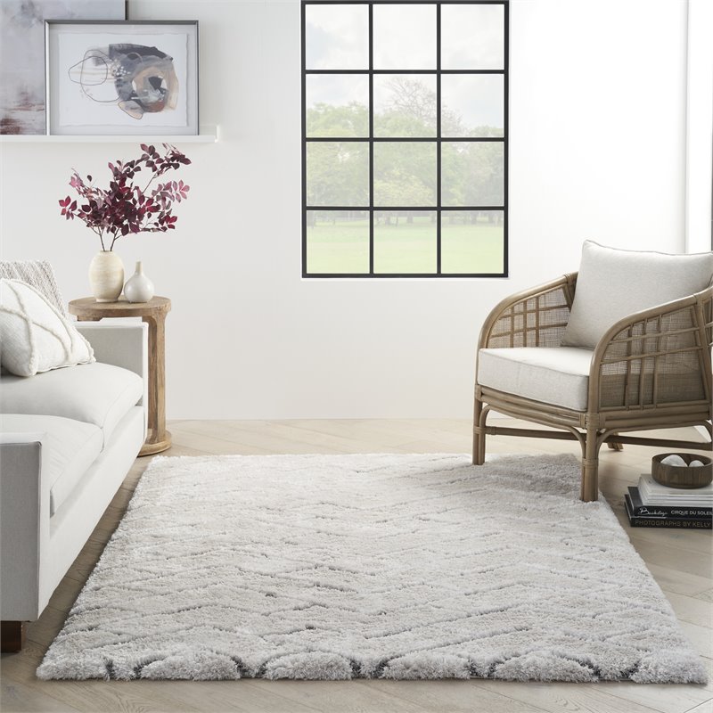 nourison luxurious shag 63x87&quot chevron contemporary fabric area rug in ivory