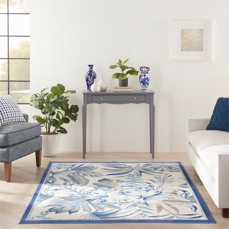 Nourison Pompeii Contemporary Polypropylene Polyester Area Rug in Ivory/Blue