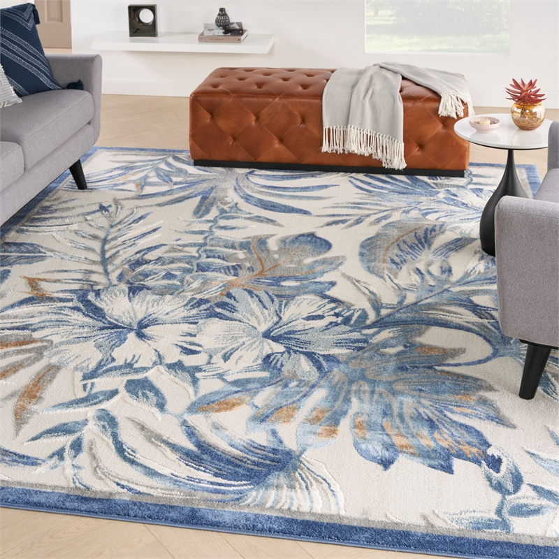 Nourison Pompeii Contemporary Polypropylene Polyester Area Rug in Ivory/Blue