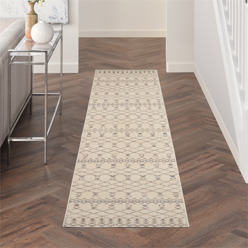 Nourison Royal Moroccan Runner Contemporary Polypropylene Area Rug in Beige/Gray