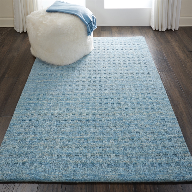 Nourison Perris Rectangle Contemporary Wool Area Rug in Sky Blue