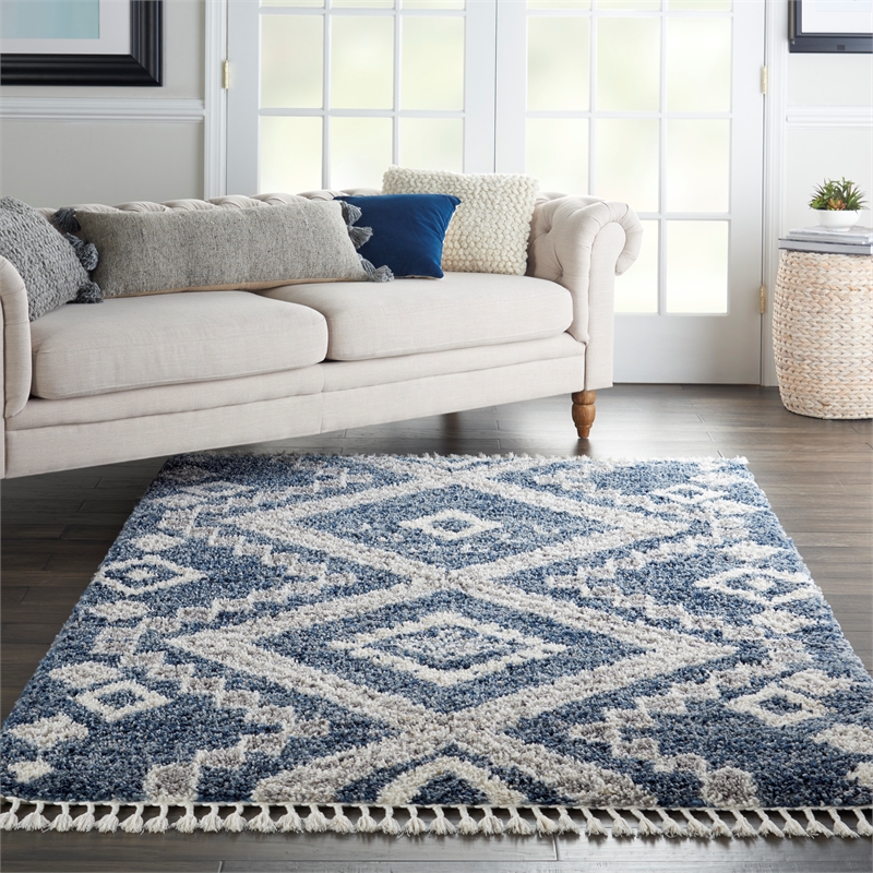 Nourison Scandinavian Shag Rectangle Polypropylene Area Rug in Denim Blue