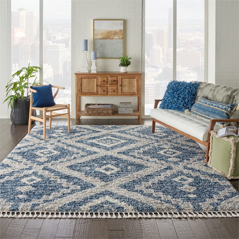 Nourison Scandinavian Shag Rectangle Polypropylene Area Rug in Denim Blue