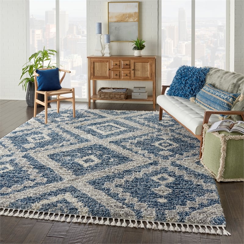 Nourison Scandinavian Shag Rectangle Polypropylene Area Rug in Denim Blue